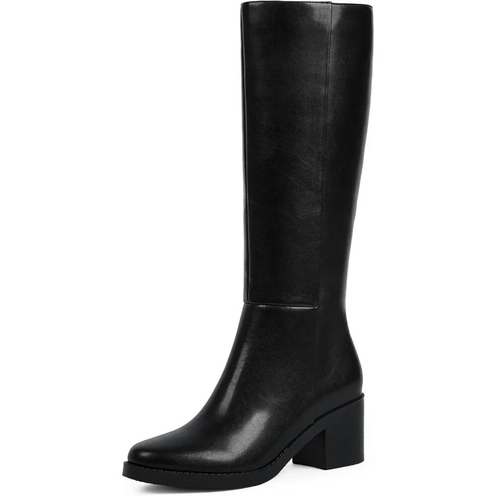 Women's Black Chunky Heel Round Toe Zipper Winter Dress Tall Knee High Boots